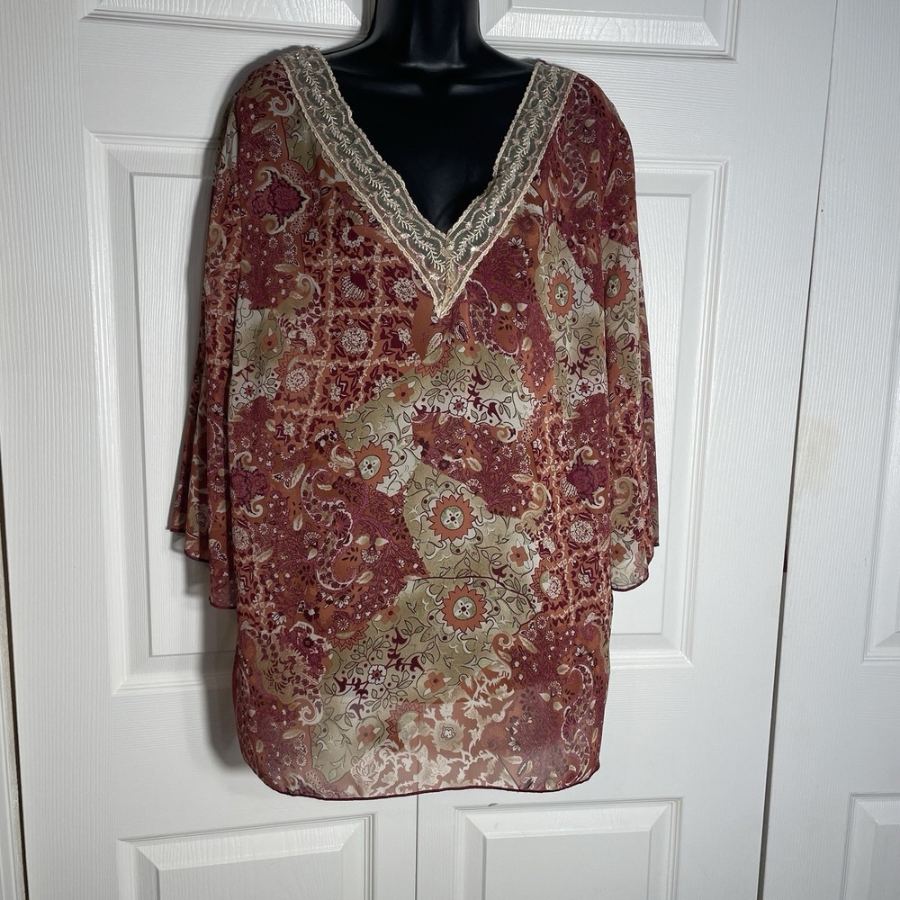 Vintage Gloria Lance Lace Trim Shirt Women 2X Red Tan Flowy Y2K Sheer Fairy Top